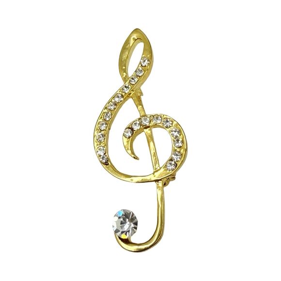 Vintage Crystal Music Note Brooch Pin 2", Gold-Tone, Elegant Treble Clef - Picture 4 of 10